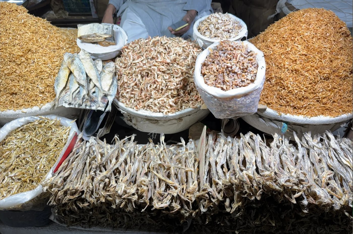Dry fish by the heap and by the bundle.