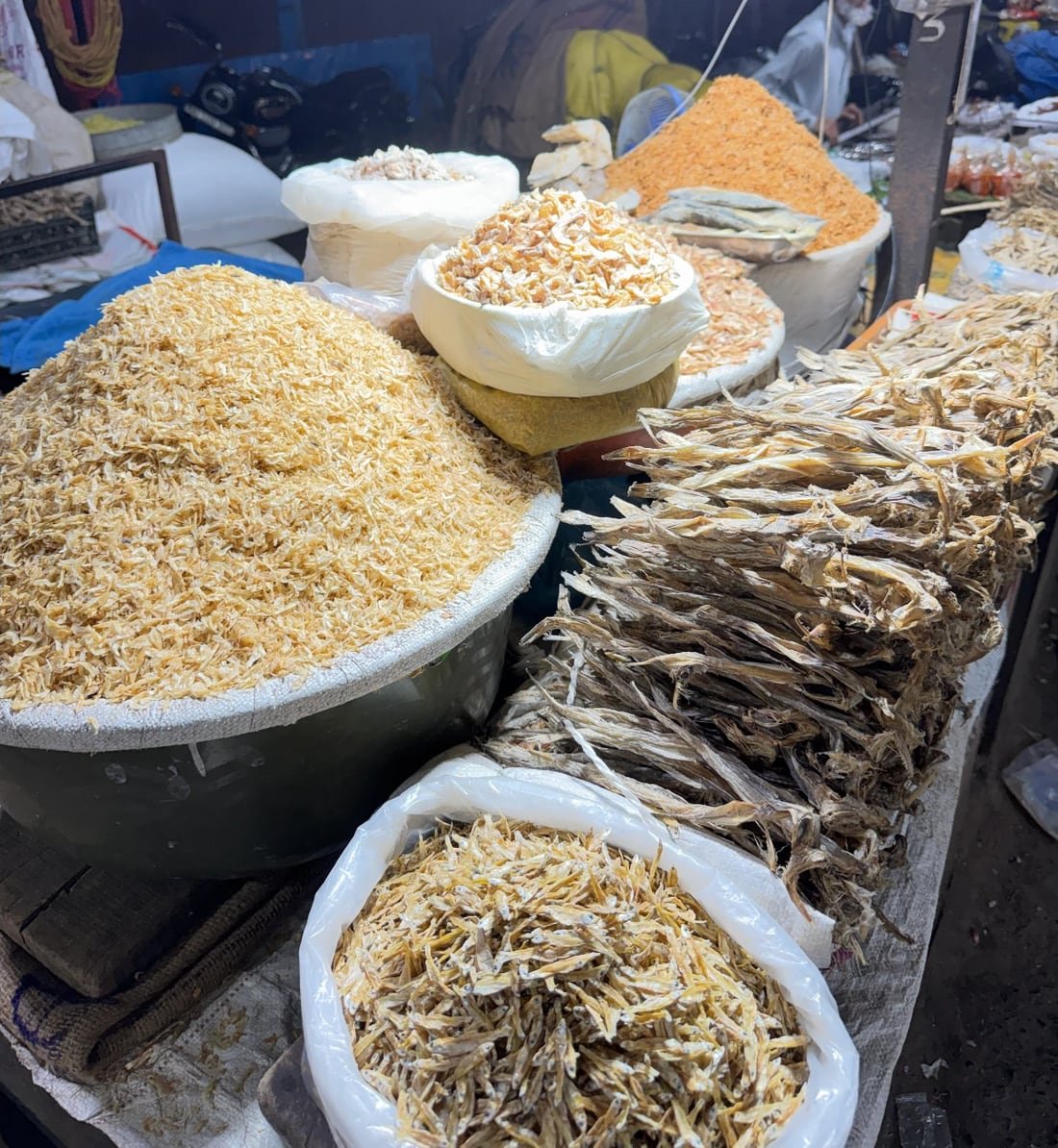 Dried shrimp and bombil bundles.