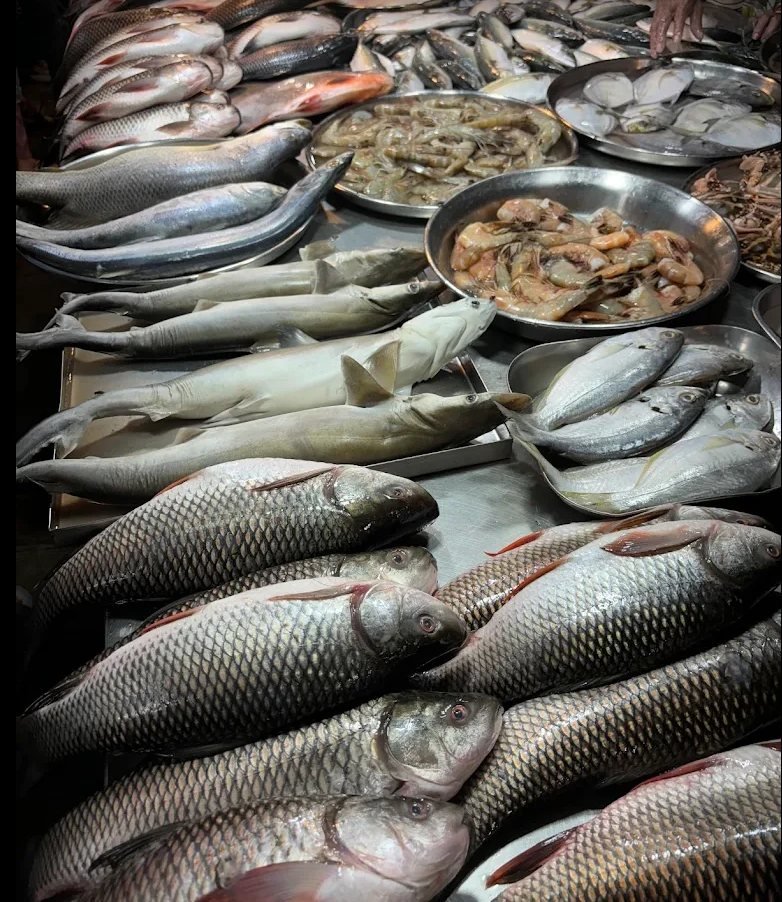 Fresh rohu, pomfret and prawns.
